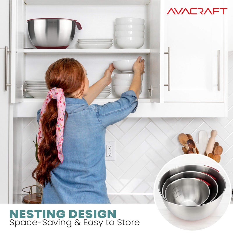 AVACRAFT 18/10 Stainless Steel Mixing Bowls with Lids  non slip silicone base bowls with Handle  Mixing Bowl Set with Pour Spouts & Measurement Marks  Home Essentials Cooking Bowls  (Red) - Image 3